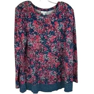 J. Jill Women's Floral Long Sleeve Blouse Blue/pink Size L